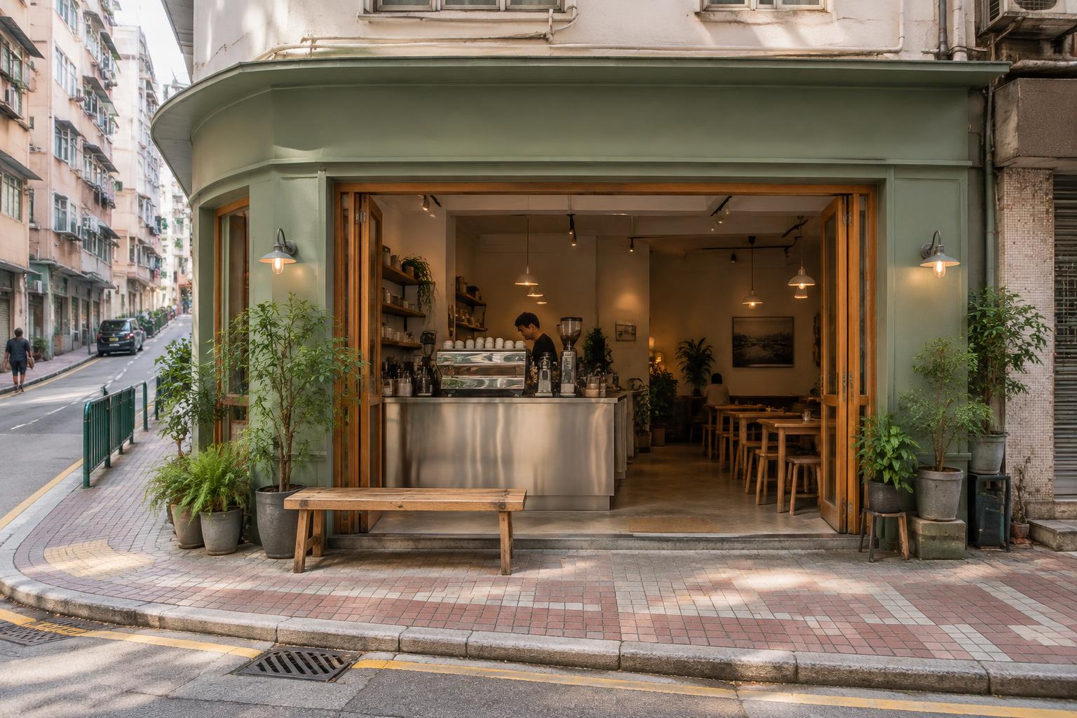 上環街角的綠色咖啡店,敞開的門口與街邊長凳